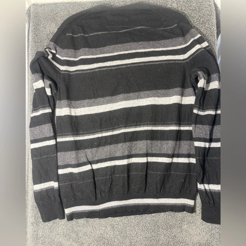 Banana Republic Men's V-Neck Merino Wool Sweater in Black and‎ Gray Stripes